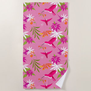 Serviette De Plage Oiseaux tropicaux colibris roses et fleurs