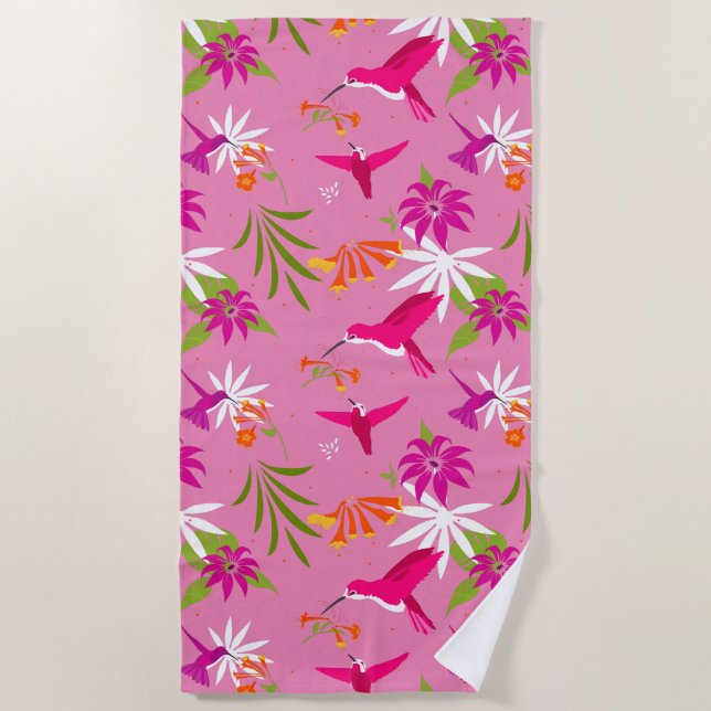 Serviette De Plage Oiseaux tropicaux colibris roses et fleurs (Devant)