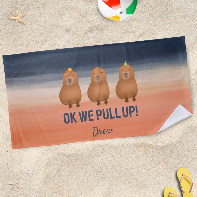 Serviette De Plage "Ok, On Se Lève !" Mème Funny Capybara Personnalis (Funny capybaras on the beach)