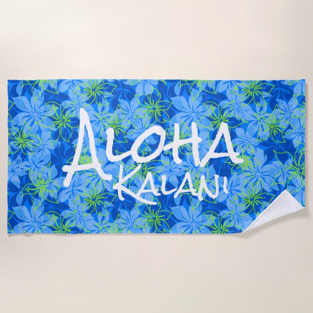 Serviette De Plage Olowalu Hibiscus Hawaii Camo Aloha Monogramme Bleu (Devant)