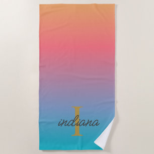 Serviette De Plage Ombre Bleu Orange Monogramme Moderne Script