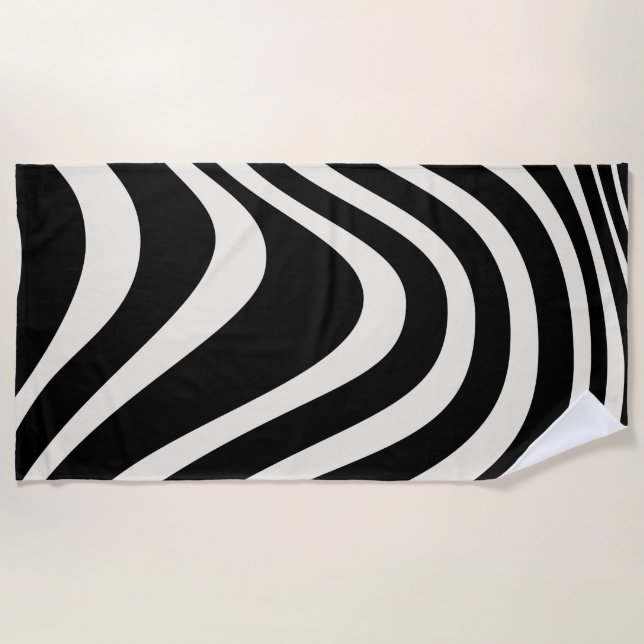 Serviette De Plage Ondes de style rétro noir et blanc (Devant)