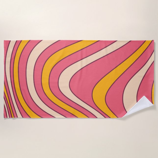 Serviette De Plage Ondes de style rétro rose et orange (Devant)