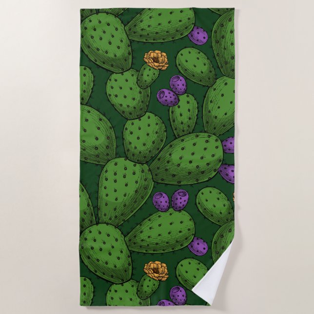 Serviette De Plage Opuntie de floraison sur vert foncé (Devant)
