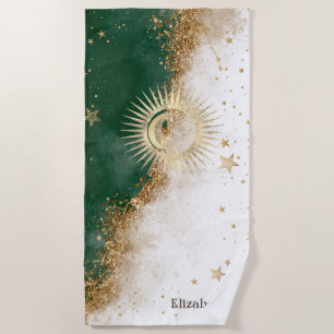 Serviette De Plage Or Céleste Soleil Et Lune Étoiles Vert