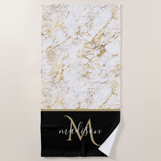 Serviette De Plage Or et Marbre blanc avec Monogramme noir (Devant)