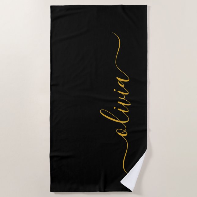 Serviette De Plage Or moderne en or noir Monogramme Nom (Devant)