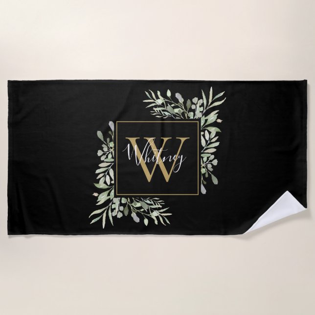 Serviette De Plage Or Monogramme Floralité de Feuillage Noir (Devant)