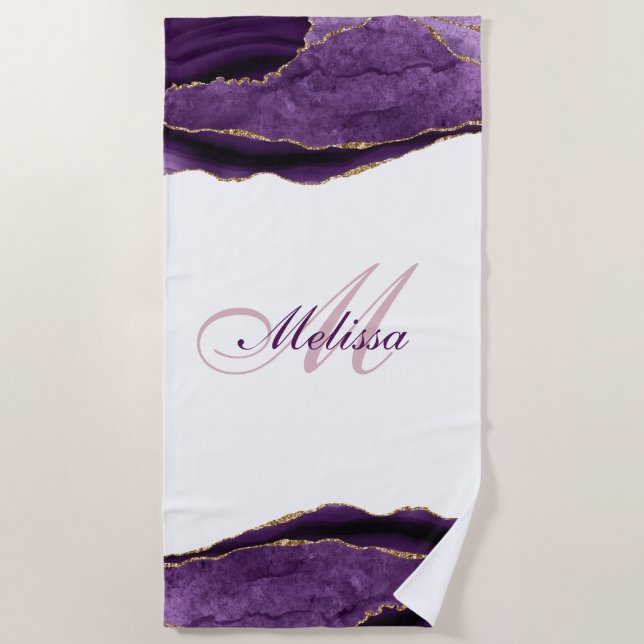 Serviette De Plage or monogramme tendance et agate violet (Devant)