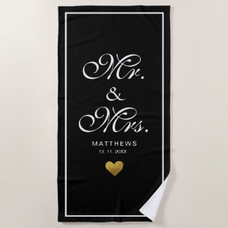 Serviette De Plage Or personnalisé or noir cœur amour mr et mrs