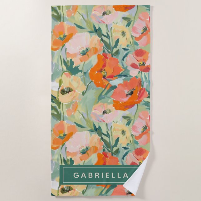 Serviette De Plage Orange Abstrait Coquelicot Floral Personnalisé (Devant)