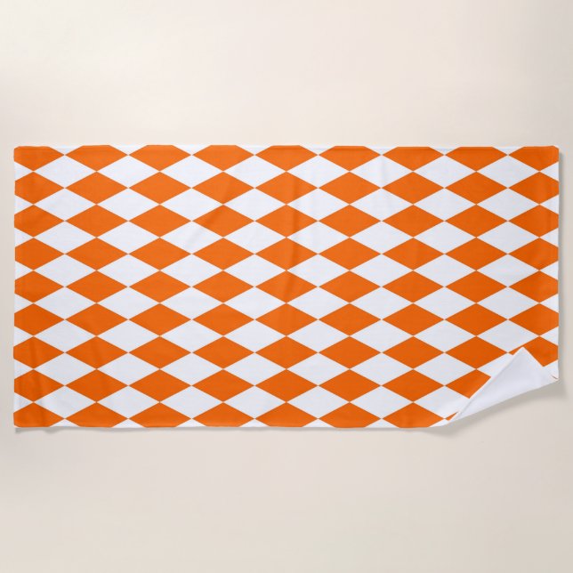 Serviette De Plage Orange blanc Arlequin Diamants Checkers Design (Devant)