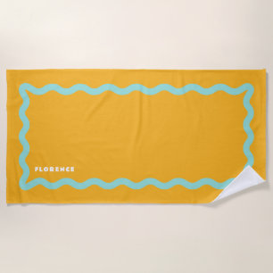 Serviette De Plage Orange et Aqua Squiggle avec texte