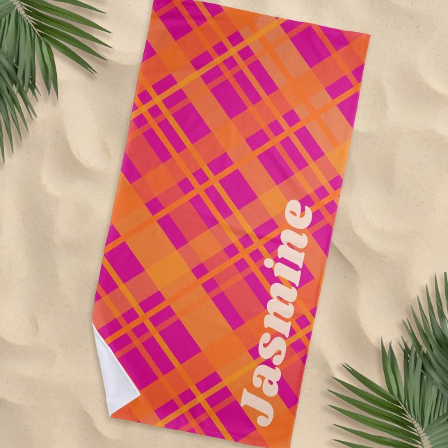 Serviette De Plage Orange magenta plaid motif nom personnalisé (Créateur téléchargé)