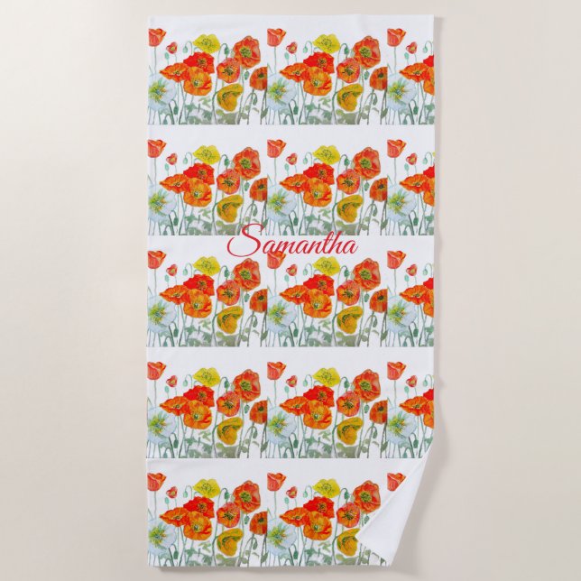 Serviette De Plage Orange Rouge Pavot Jaune Aquarelle Filles Nom (Devant)