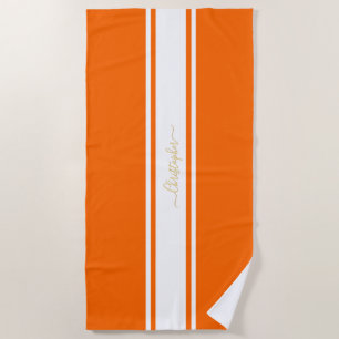 Serviette De Plage Orange White Racing Stripes Gold Monogrammed Pool