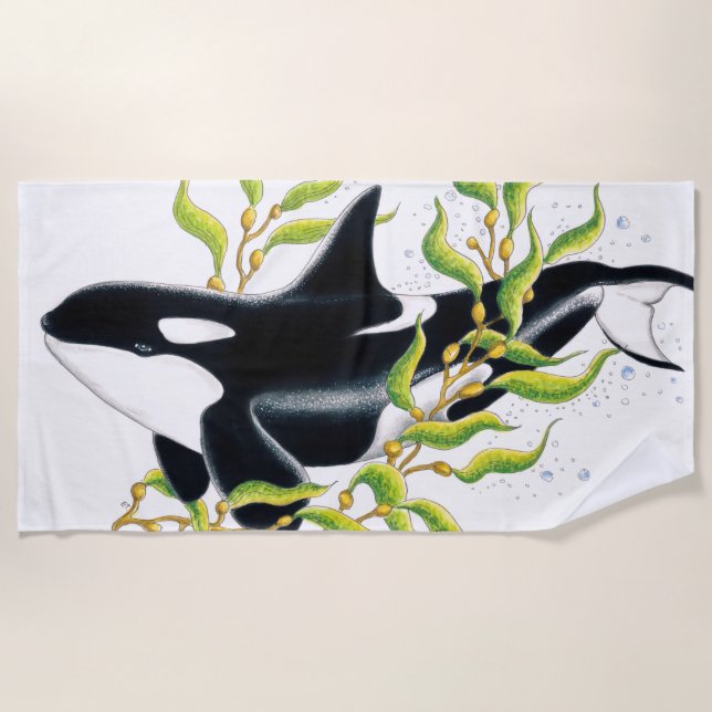 Serviette De Plage Orca baleine dans Kelp Forest encre art (Devant)