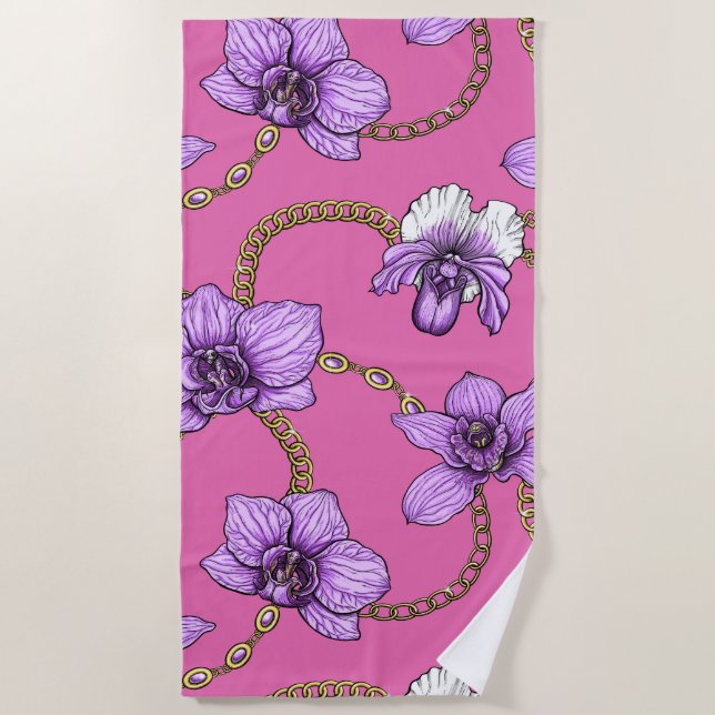 Serviette De Plage Orchidées et chaînes, violet et rose (Devant)
