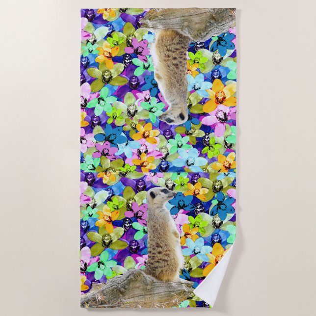 Serviette De Plage Orchidées Meerkat Et Aquarelles, (Devant)