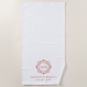 Serviette De Plage Orné Floral Monogramme Mariage Élégant Rose Or