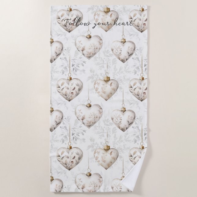 Serviette De Plage Ornements coeurs gris crème Chic   (Devant)