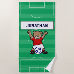 Serviette De Plage Ours en peluche de soccer personnalisé (rouge)