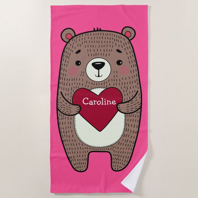 Serviette De Plage Ours Quirky, Whimsical Avec Dessin Coeur Personnal (Devant)