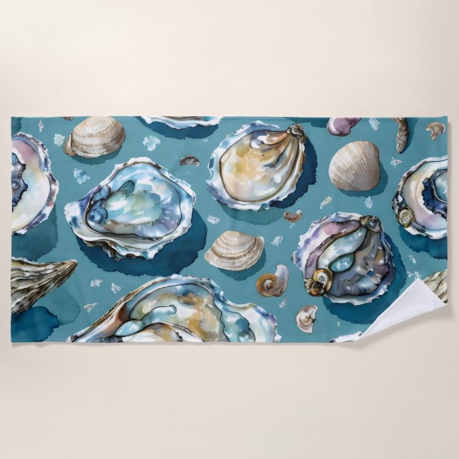 Serviette De Plage Oysters Clams Coquillages Motif bleu (Devant)