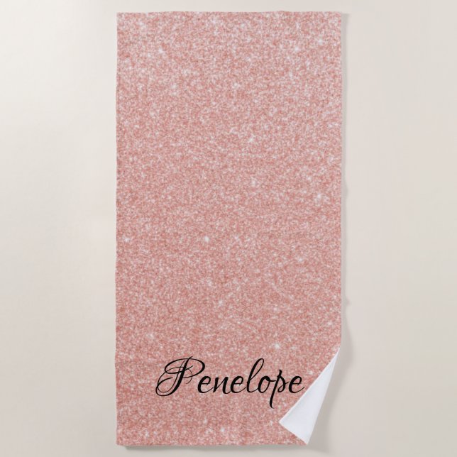 Serviette De Plage Pailleté Rose Gold Féminin Étincelle Nom (Devant)