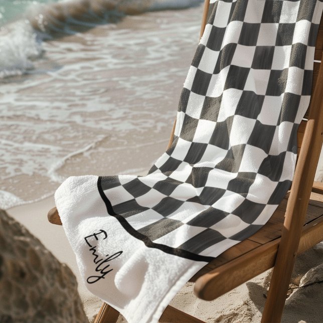 Serviette De Plage Painted Black Checkerboard Pattern Personalized (Créateur téléchargé)