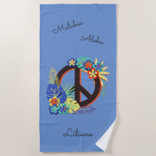 Serviette De Plage Paix Amour Nom Hawaïen Tropical Bleu