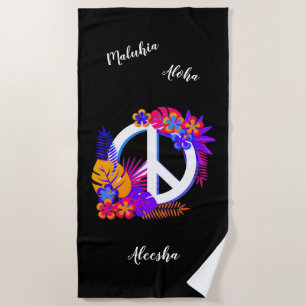 Serviette De Plage Paix Hawaïenne Colorée, Amour, Votre Nom Noir