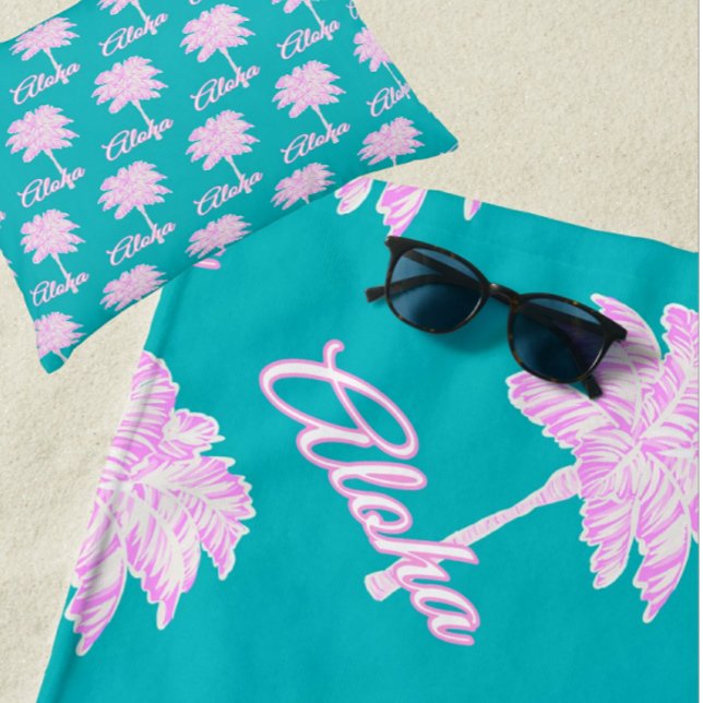 Serviette De Plage Palme blanche rose turquoise Aloha Tropical (Where's the beach! Fun tropical beach towel.)