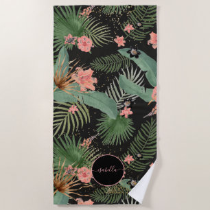 Serviette De Plage Palme tropicale Feuille rose Floral Monogramme noi