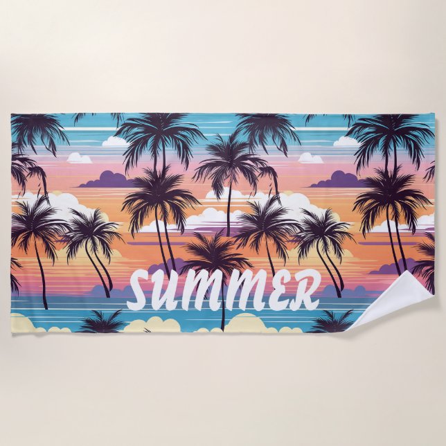 Serviette De Plage Palmier au coucher de soleil vibrant (Devant)