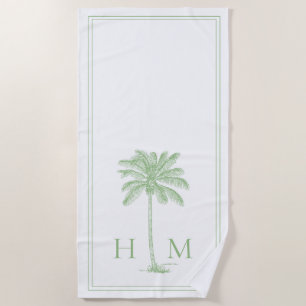 Serviette De Plage Palmier blanc et vert côtier Monogramme de palmier