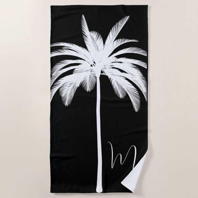 Serviette De Plage Palmier blanc noir Monogramme moderne (Devant)