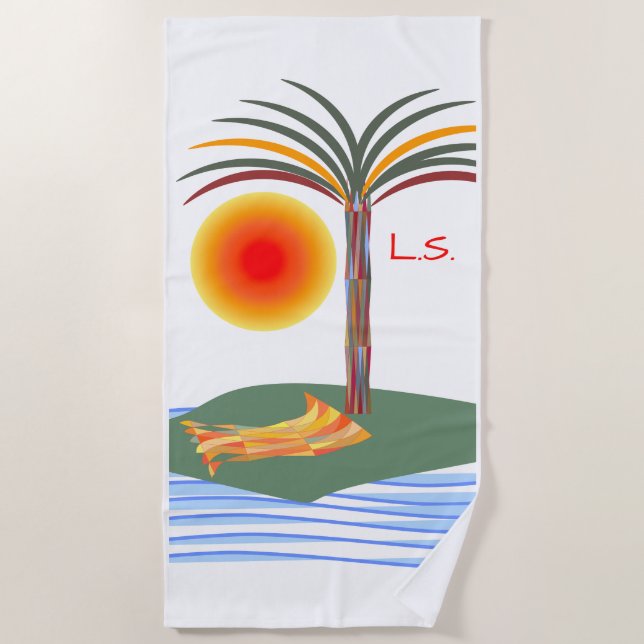 Serviette De Plage Palmier tropicale, soleil et vagues (Devant)