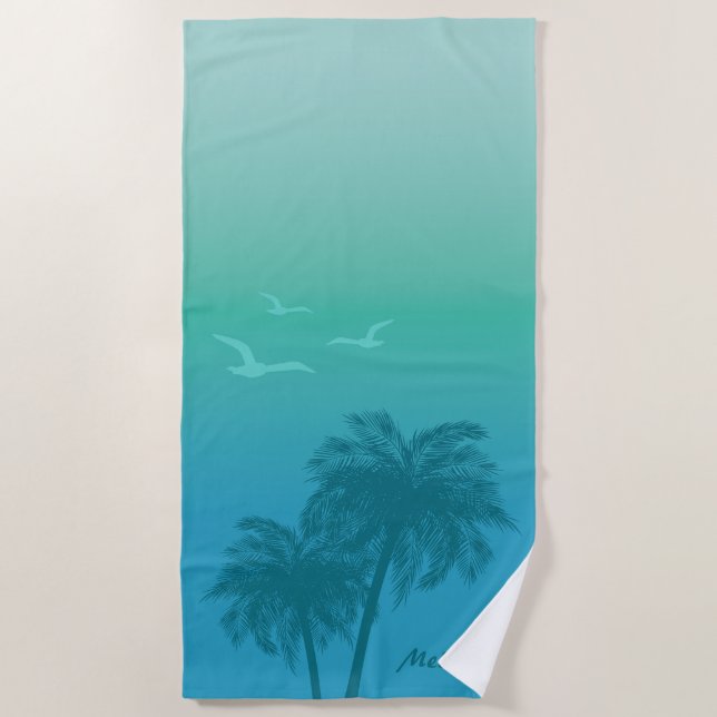 Serviette De Plage Palmiers Aqua Sarcelle Été Tropical Avec Nom (Devant)