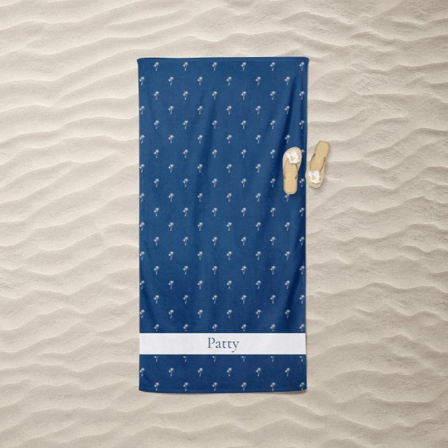 Serviette De Plage Palmiers Blancs sur Fond Bleu Nuit (Palm Tree Navy Blue Beach Towel)