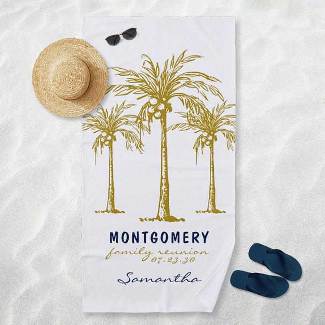 Serviette De Plage Palmiers d'or Tropical Retrouvailles familiales pe (Tropical Gold Palm Trees Custom Family Reunion Beach Towel)
