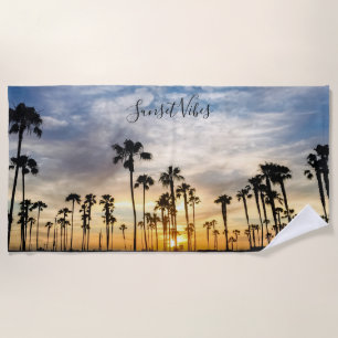 Serviette De Plage Palmiers nuageux bleu et jaune coucher du soleil