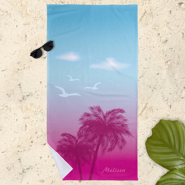 Serviette De Plage Palmiers roses Tropical Coucher de soleil estival  (Créateur téléchargé)