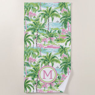 Serviette De Plage Palmiers tropicaux rose et vert de Preppy Monogram