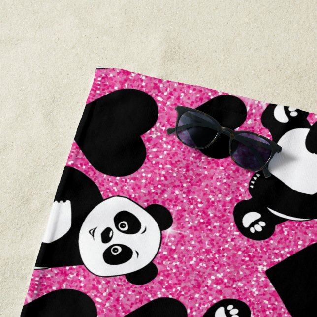 Serviette De Plage Panda Bear Amoureux des animaux Black Hearts Pink  (En situation)