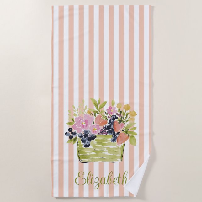Serviette De Plage Panier de fruits et fleurs à l'aquarelle sur rayur (Devant)