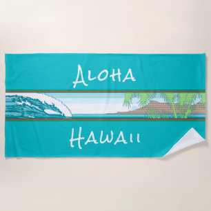 Serviette De Plage Panneau Surf Hawaïen Ala Moana Diamond Head - Aqua