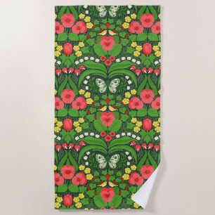 Serviette De Plage Pansies rouges, oiseaux et papillons