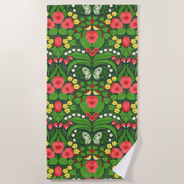 Serviette De Plage Pansies rouges, oiseaux et papillons (Devant)