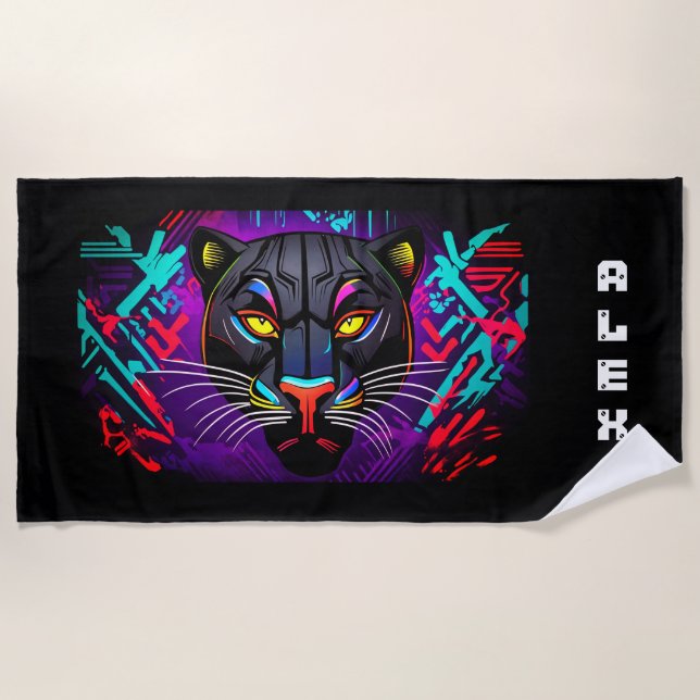 Serviette De Plage Panthère noire sur fond de graffiti avec prénom (Devant)